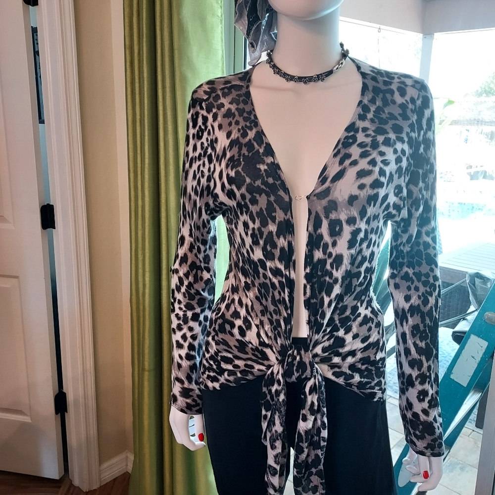 Inspire Black and White Leopard Tie-Front Blouse